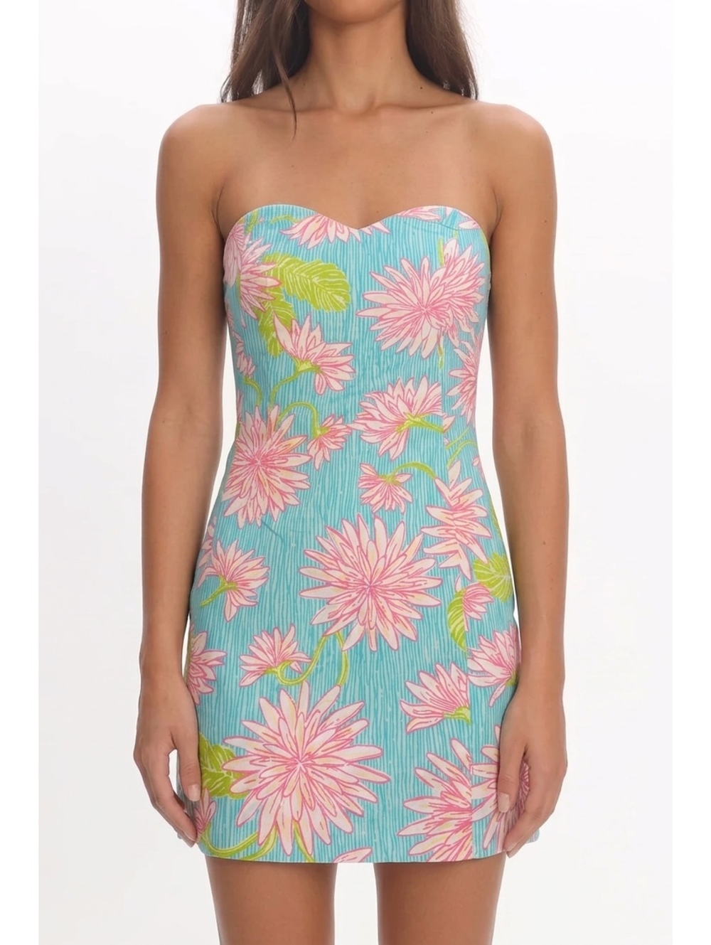 Lilly Pulitzer Turquoise Pink Floral Strapless Cotton Mini Dress Boned Size 10